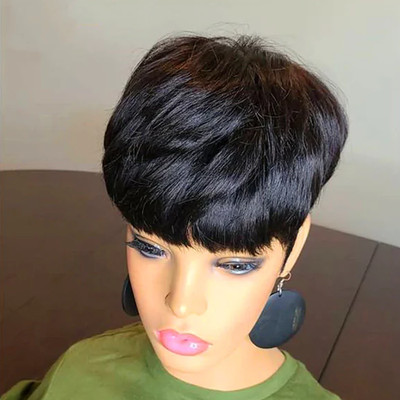 Short Pixie Cut Synthetic Wig-Sleek Black Layerd Bob with Bands Lightweight Ever