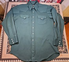 VTG 1970s LEE Western Pearl Snap Green Gabardine SHIRT 70s Polyester DISCO L/XL