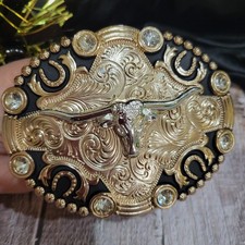 Longhorn Cowboy Belt Buckle Western Hebilla Rodeo Rosetone And Rhinestones