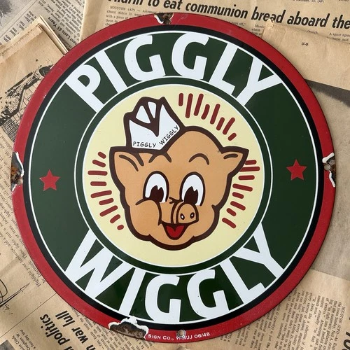 VINTAGE 1948 PIGGLY WIGGLY GROCERY STORE 12 INCH PORCELAIN ENAMEL SIGN