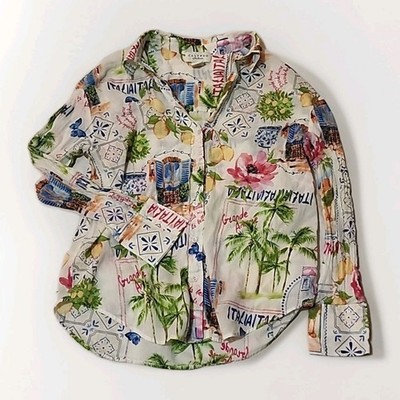 Calypso St Barth Shirt Women's Large Italy Print Button Up Tropical Resort White