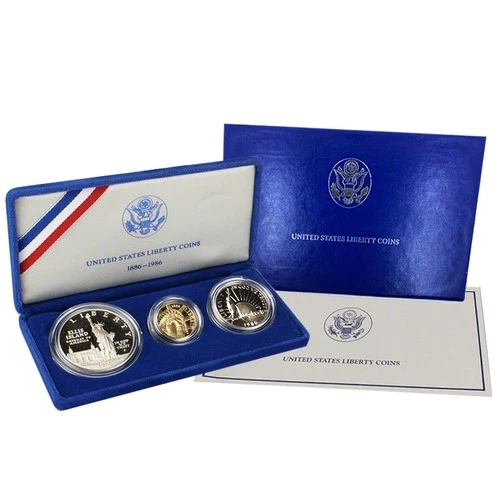 1986 Proof Statue of Liberty 3 Coin Set Box, OGP & COA