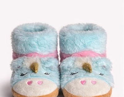 Girls Unicorn Faux Fur Bootie Slippers Blue Pink Gold Glitter Accents Comfort