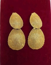 Vtg 80s Big Chunky Textured Goldtone Dangle Drop Clip Earrings STATEMENT