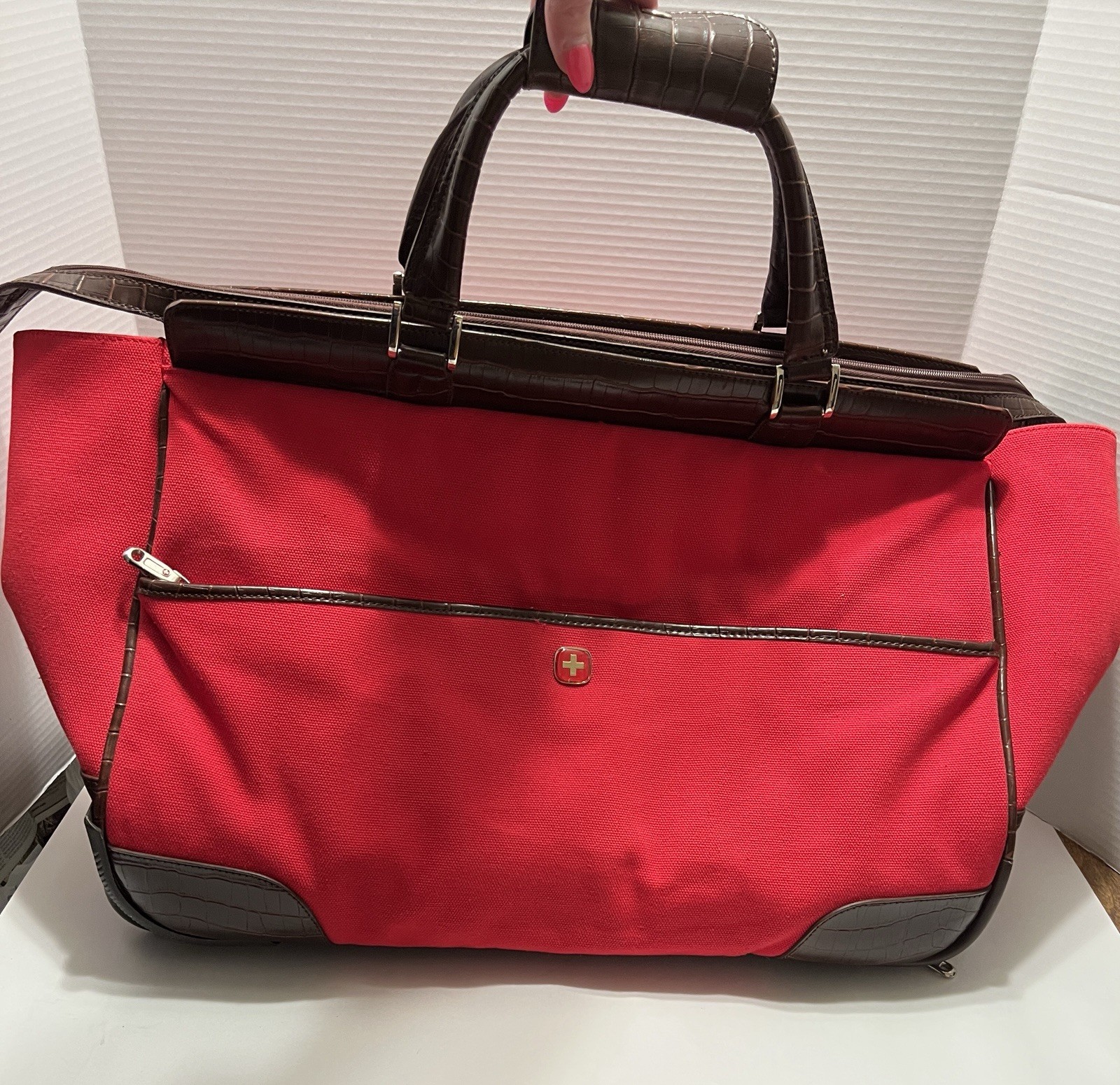 Swiss Gear Rolling Satchel Carry-on  Red Canvas Brown Trim W