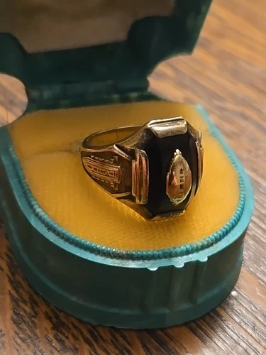 Vintage Women's 1938 Glass Ring 10k Gold & Sterling Onyx Silver Art Deco