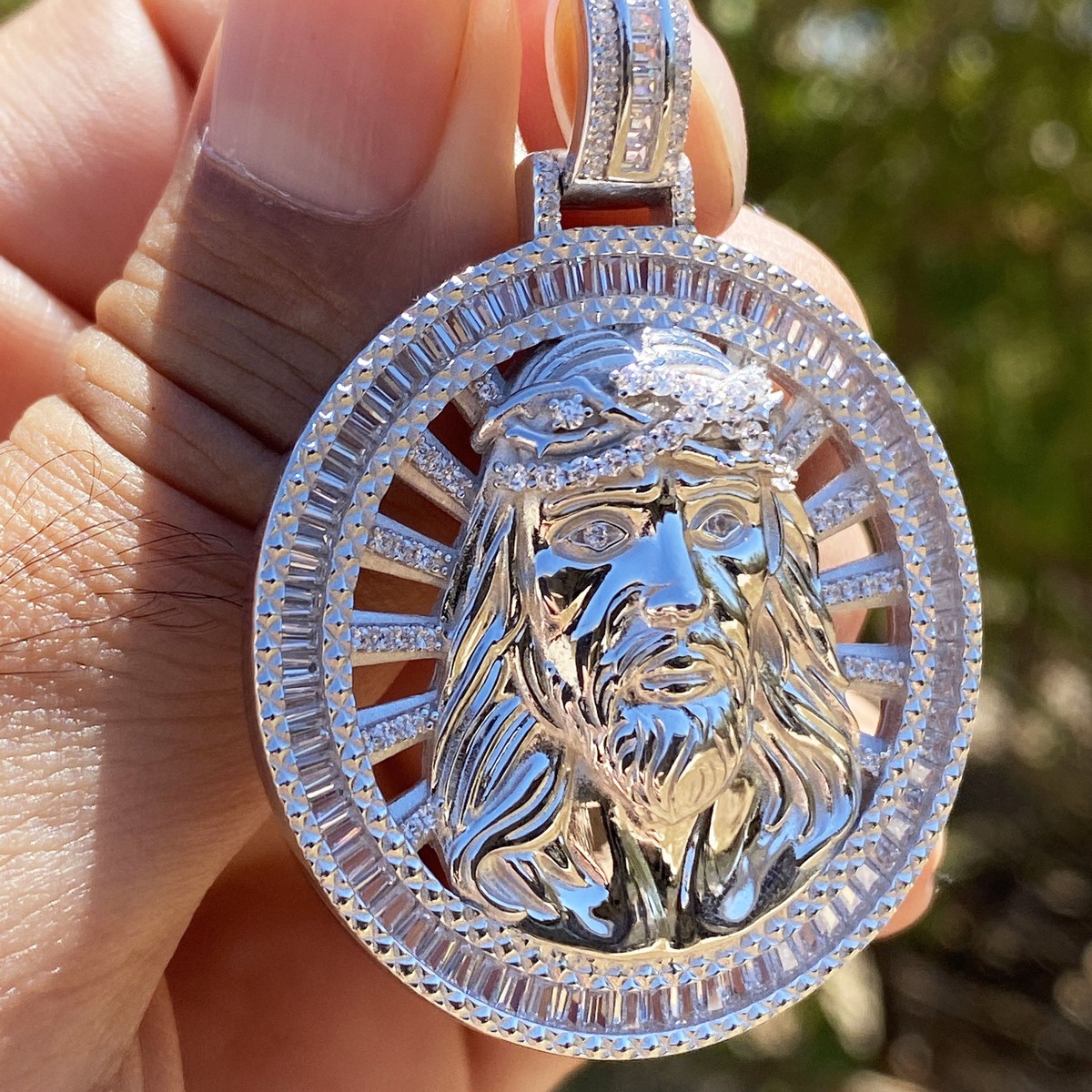 925 Sterling Silver Jesus Pendant Iced Hip Hop Medallion Flooded