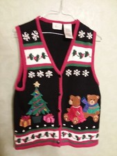 Kathie Lee Collection Christmas Women's Sweater Vest Blue M Button Front