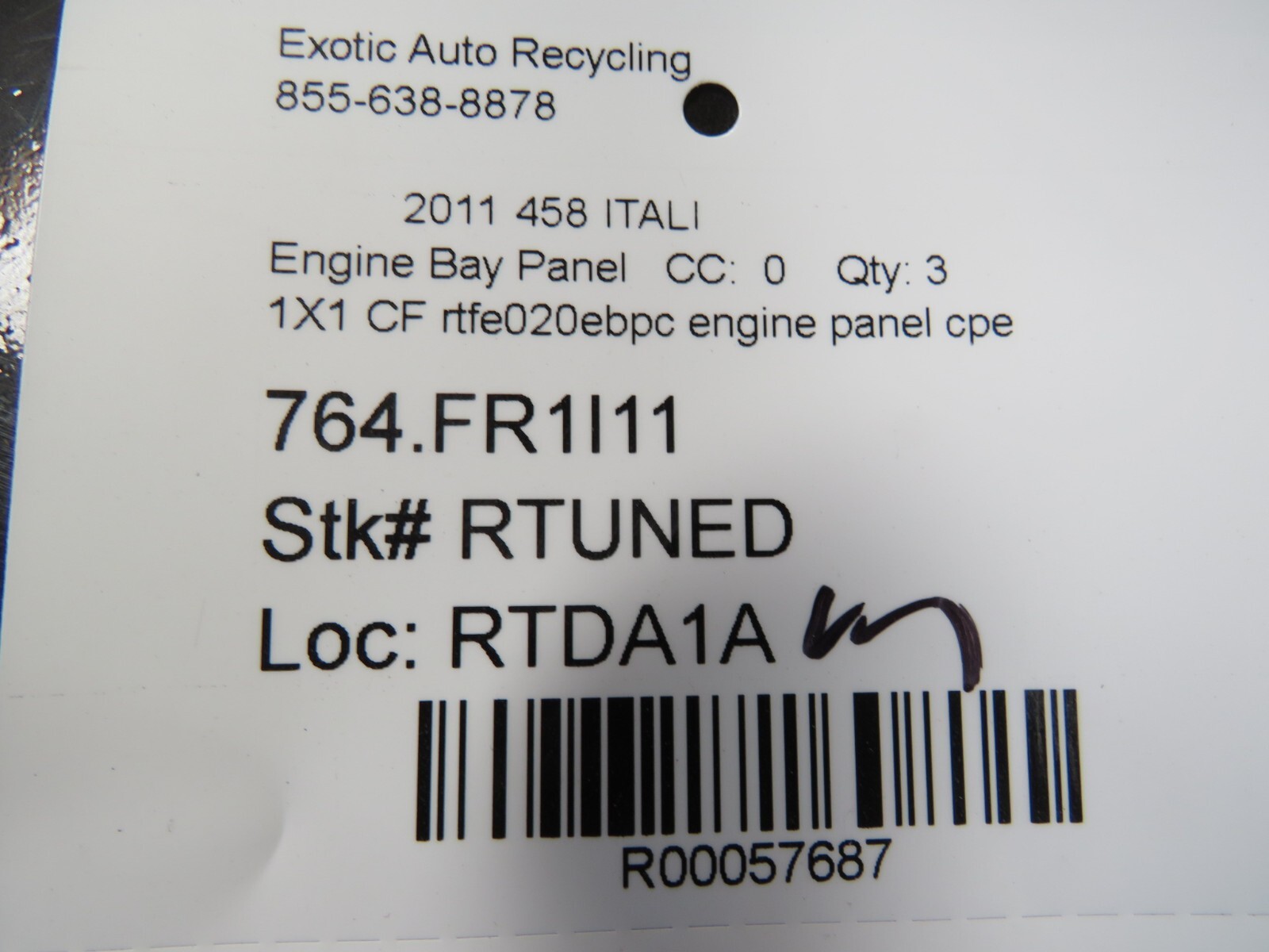 Ferrari 458 Italia, Carbon Fiber, Engine Bay Panel Set 1X1, New, P/N rtfe020ebpc