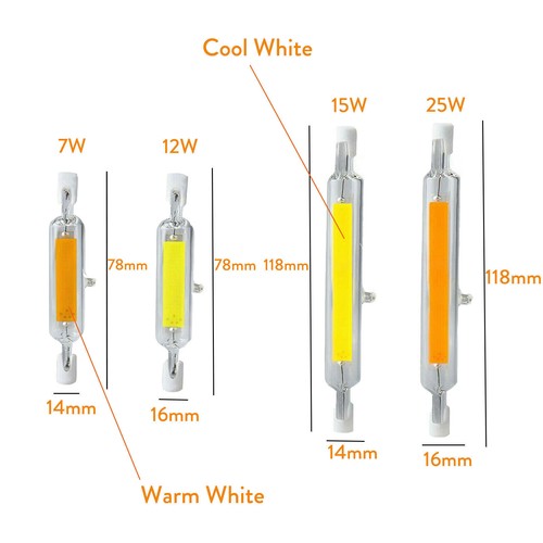 R7s LED Bulb 78mm 118mm Ceramic Glass Tube Light COB 7W 12W 15W 25W 220V/110V - Picture 10 of 11