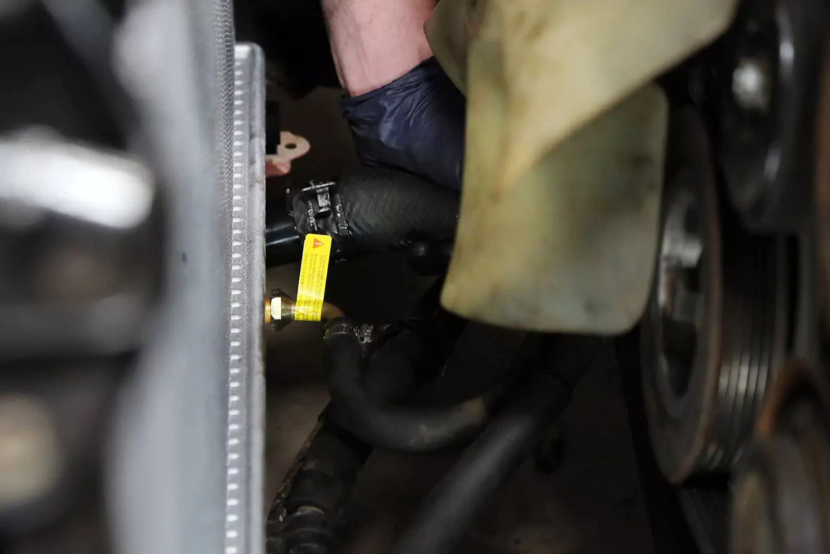 Reinstalling the lower radiator hose.