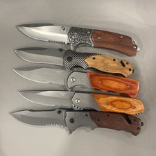 5 pc set Wood Handle Spring Assisted Open Blade Pocket Knife New