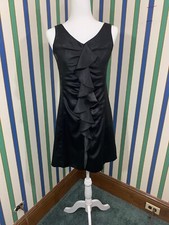 Uniqlo Black Satiny Ruffle Sheath Dress, Small, Above Knee Sleeveless V-neck Zip
