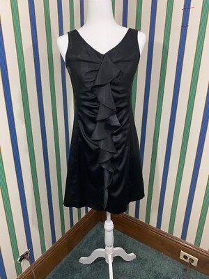 uniqlo black satin dress Uniqlo Black Satiny Ruffle Sheath Dress, Small, Above Knee Sleeveless  V-neck Zip