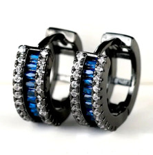 Iced Out Rhodium Plated Paved Blue Cubic Zirconia Men Women Huggie Hoop Earrings