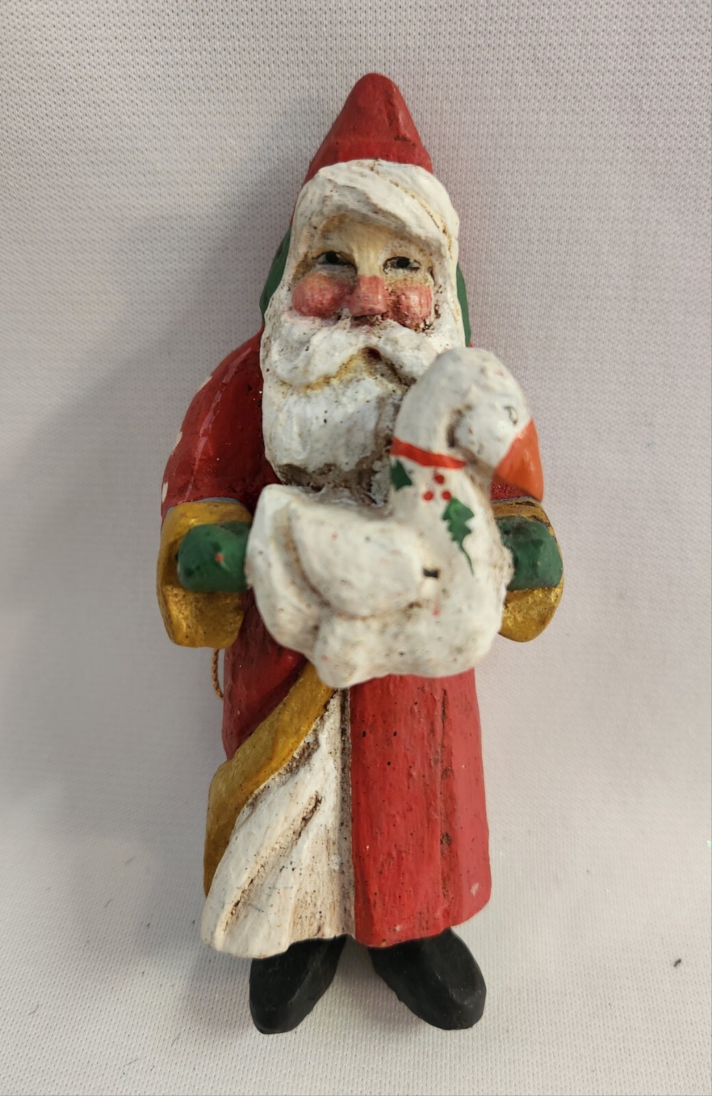 1988 House of Hatten Calla Wood Santa Holding Goose Ornament 5