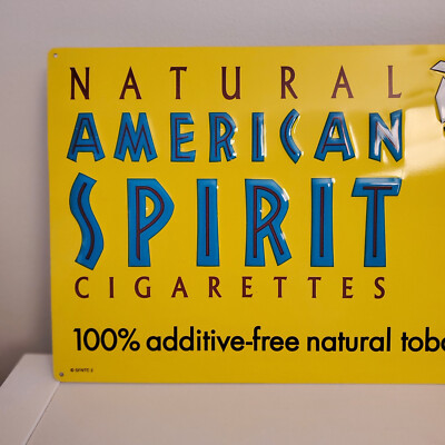 american spirit cigarette poster American Spirit Cigarette Sign Embossed Metal Tobacco Advertisement Yellow