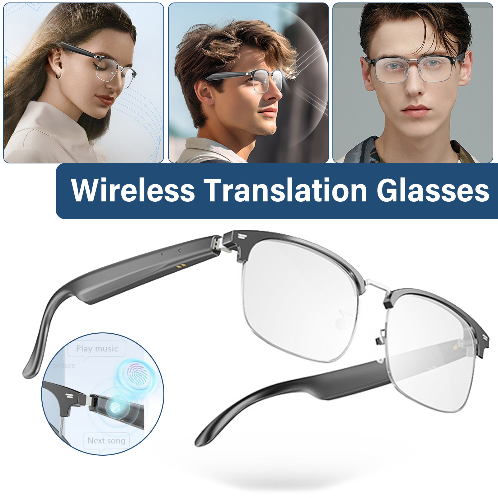 Smart Glasses with AI Translator Anti Blue Light Stereo Headset 150 Languages Support-image