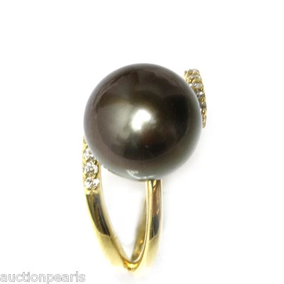 Bague Argent? L’anneau ? Perle de Tahiti Diamant Noire Or 18kt 12mm - Photo 1/4