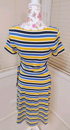 review yellow and blue striped Ponte Stretch Belted Dress Size 8 Comfort - Picture 3 of 8