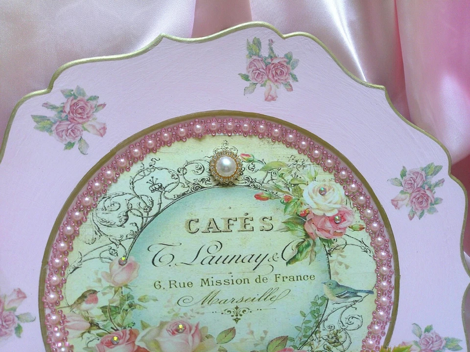 Потертый шик викторианской ~ Lg зарядное устройство пластина w/французский вдохновил графический ~ розовый ~ розы ~ уникальный - Изображение 4 из 4