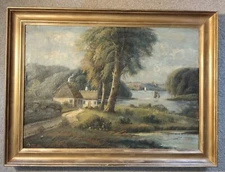 Antique 1898 Canvas Painting of English Cottage, 24 1/8" x 17"