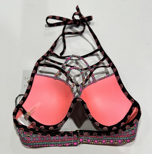 Women's Shade & Shore Strappy High Neck Bikini Top Multi Floral Stripe 36C NWT - Picture 2 of 3