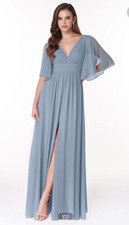 Azazie Temeka A-Line Ruched Chiffon Floor-Length Dusty Blue Gown NWT Size A18