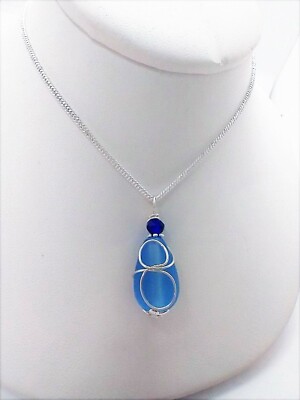 Cobalt Blue ''Loop'' Sea Glass Pendant Silver Snake Chain Necklace 18 Inch