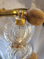Devilbiss 24k Gold Plate ETCHED Crystal Perfume Bottle w Atomizer s-50-74  a27