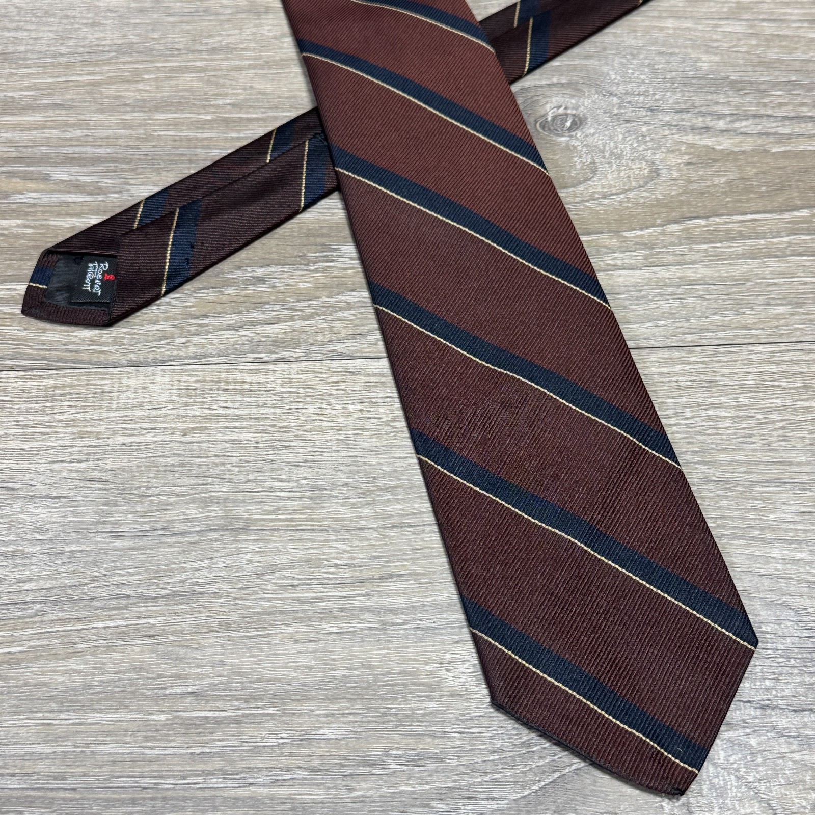 Robert Talbott Repp Tie Handmade Luxury 100% Silk Neck Brown Navy Blue Gold