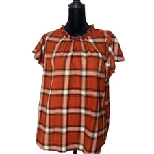 Womens Rust Orange Plaid Top Size S Time & Tru Ruffle Sleeve Checkered Cottage