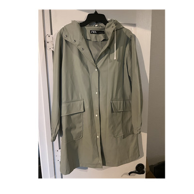 ZARA Women's Light Green Hooded Lightweight Rain Coat Long Snap Pockets M
