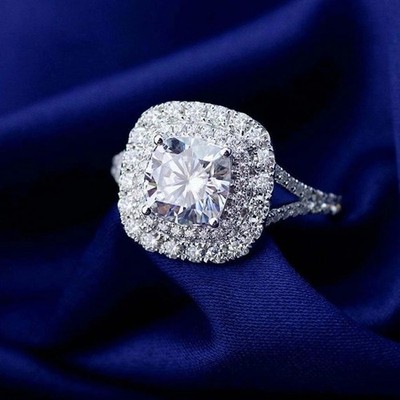 3.00 CT Cushion Cut Double Halo Moissanite Engagement Ring 14K White Gold Plated