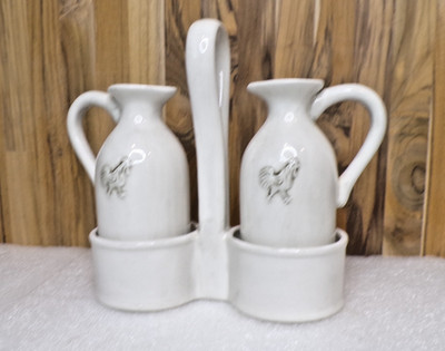 Vintage White Porcelain Cruet Set, the Godinger ''Provence'' line w/ Rooster Motif