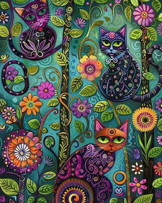 8x10 Art Print Cat Flowers Painting Surrounded - 21700930
