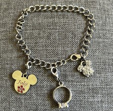 VTG Disney Silver Tone Chain Bracelet with Charms Mickey Mouse Ruby July Bling