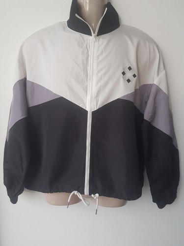 Windbreaker Black & White Draw String Bottom Collared  Loose Zipper Long Sleeve  - Picture 1 of 15
