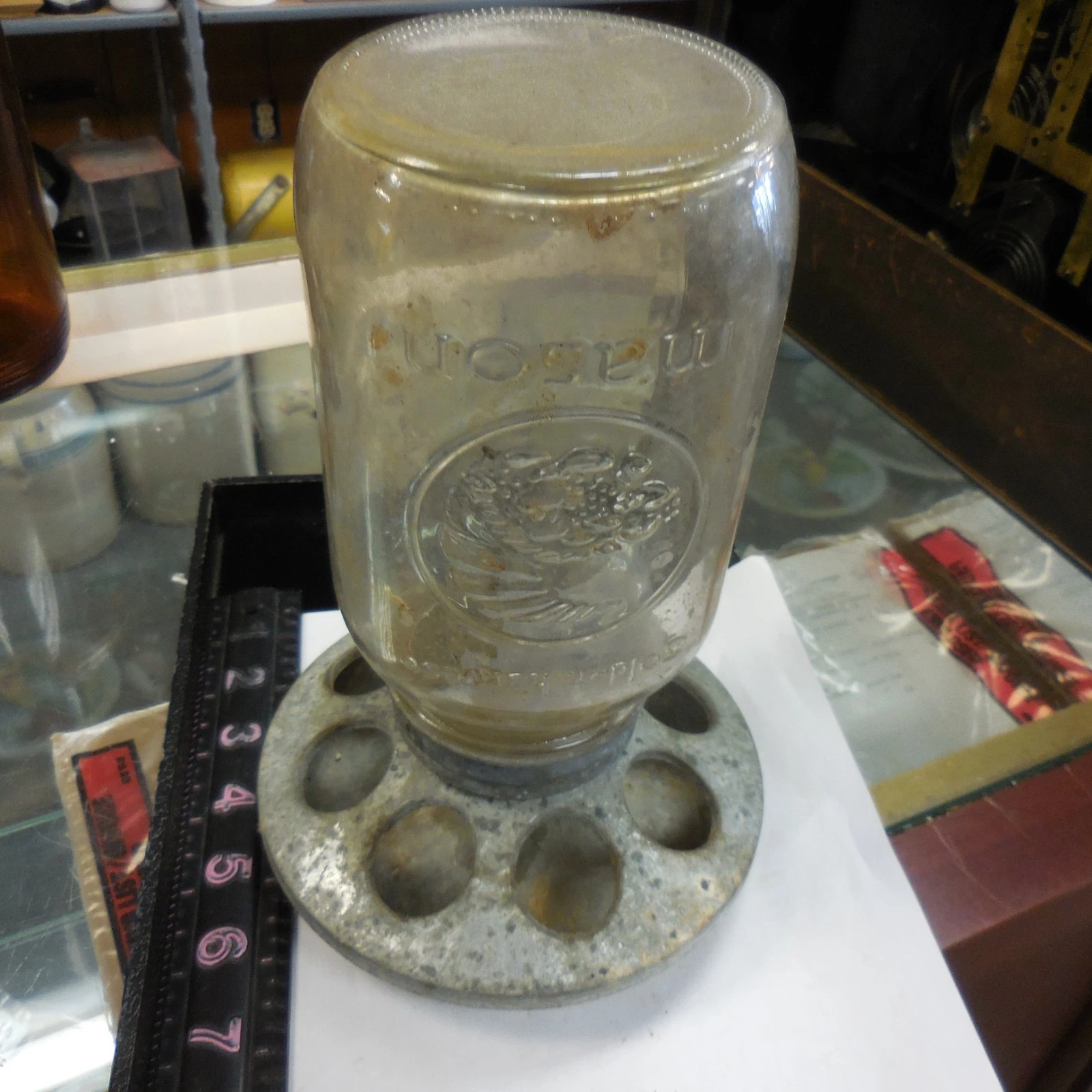 Vintage Galvanized Metal Baby Chicken Feeder -- GOLDEN HARVESTER MASON GLASS JAR