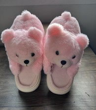 Pink Bear Plush Slip On Girls Comfort Slippers Faux Fur Winter Flat