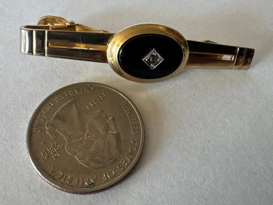 Gemelos Anson vintage chapados en oro para hombre con cierre de barra de corbata de piedra de ónix negro Foto 4 de 4