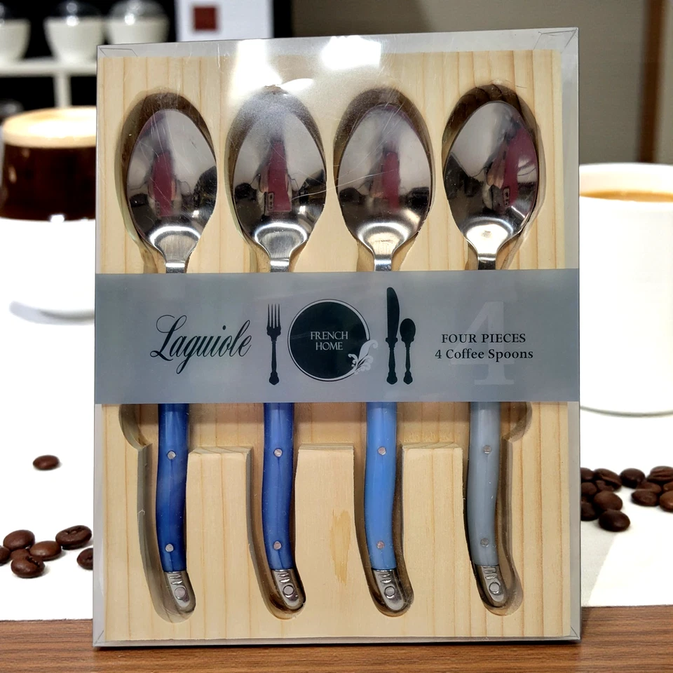 Juego de 4 cucharas de café para el hogar francés Laguiole tonos de azul de acero inoxidable Foto 2 de 4