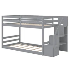 Twin Over Twin Low Bunk Bed Solid Wood Floor Bunk Bed Frame with Storage Stairs
