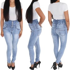 Damen High Waist Corsagen Jeans Skinny Röhrenjeans Hochbund  Slim Fit Hose Blau