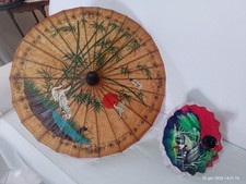 Coppia Wagasa Ombrelli antichi giapponesi carta xilografia dipinti mano bamboo 