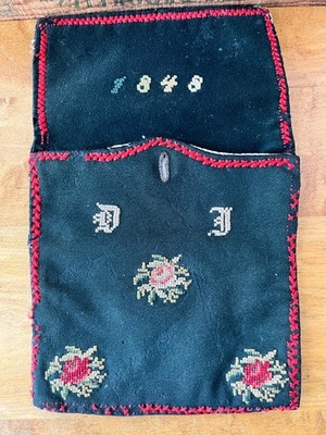 ANTIQUE FLORAL, INITIAL & MOTIF SAMPLER POUCH BY DOROTHEA PETERS 1848 W/DOCUMENT