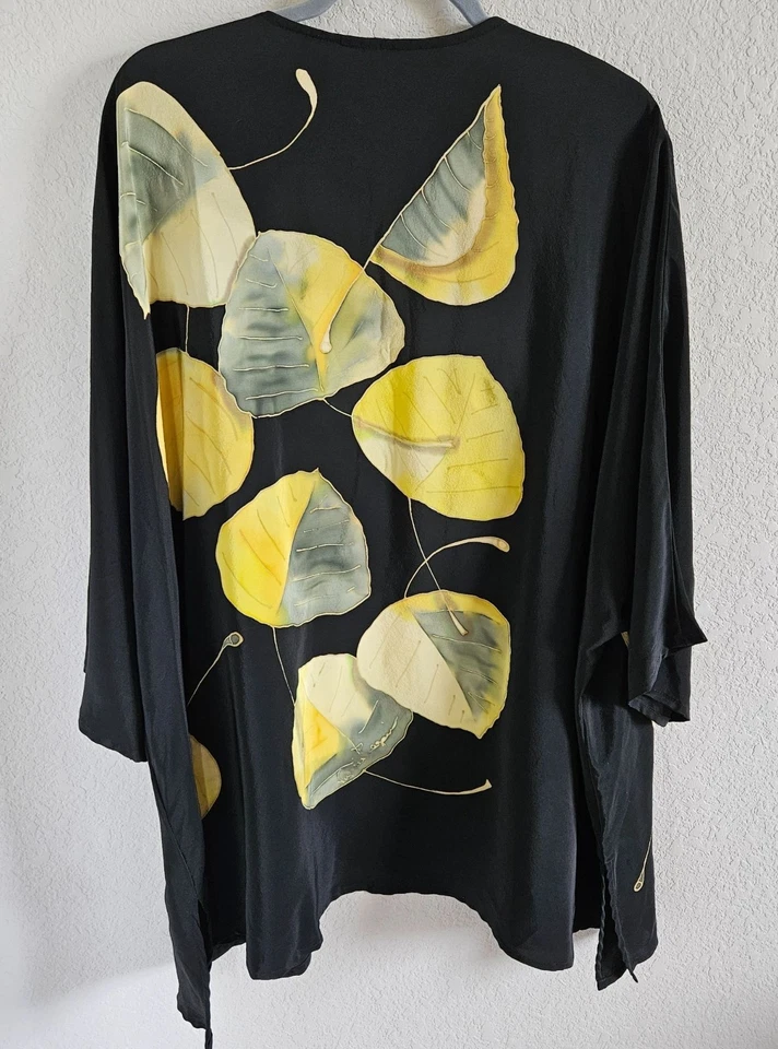 Kimono mujer seda álamo talla única pintado a mano 100 % seda hoja de álamo arte colorido Foto 2 de 4