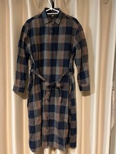 UNIQLO Flannel Check Shirt Dress Navy/Brown M with Waist Ribbon & Pockets