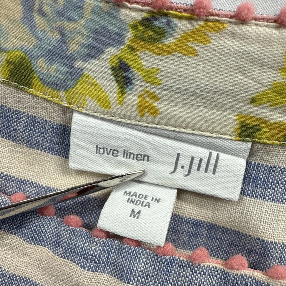 J Jill Love 亚麻刺绣上衣中号花卉条纹 3/4 袖海岸 — 第 2/4 张图片