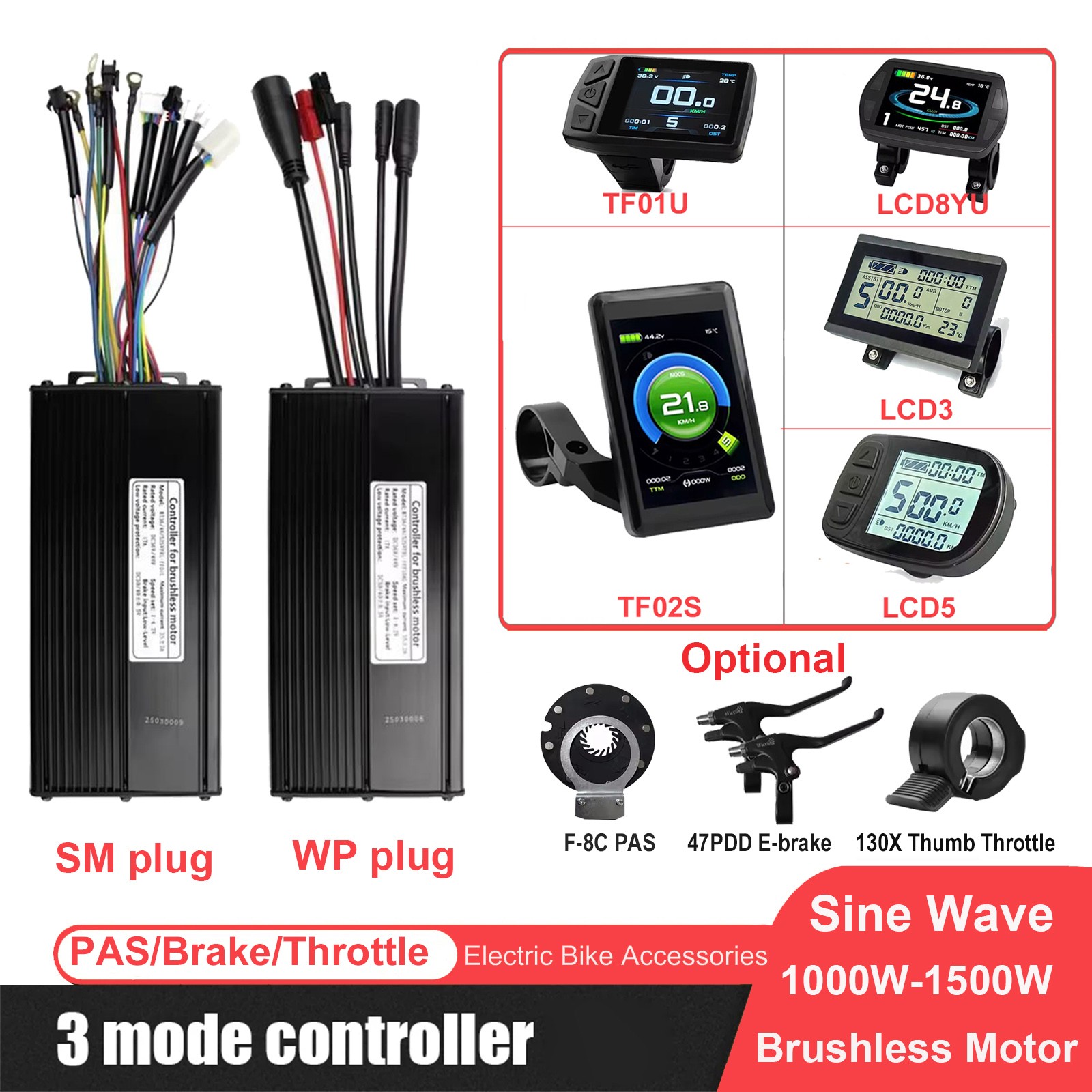 Regolatore E-Bike 36V/48V/52V KT 35A con Display Freno PAS per Motore 1000W-1500W